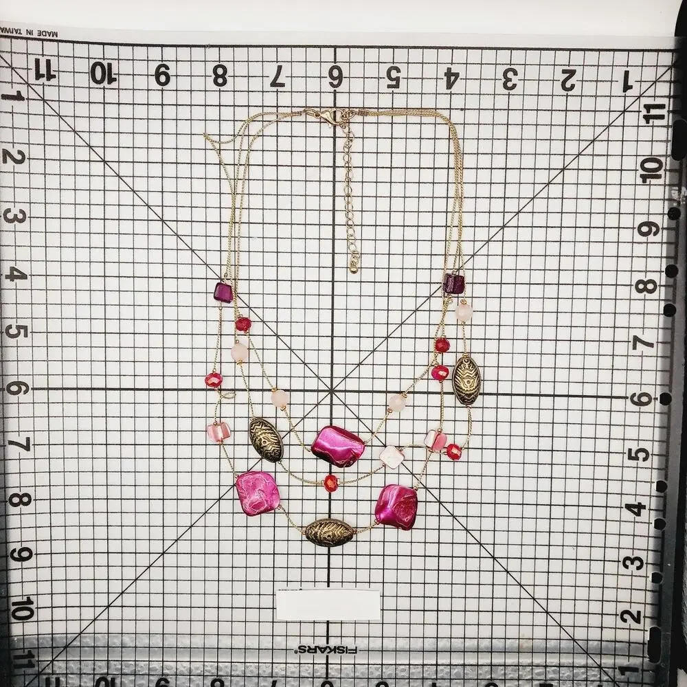 Necklace Multi Strand Pink Shell Bead Gold Tone Statement Resort Y2K Coquette